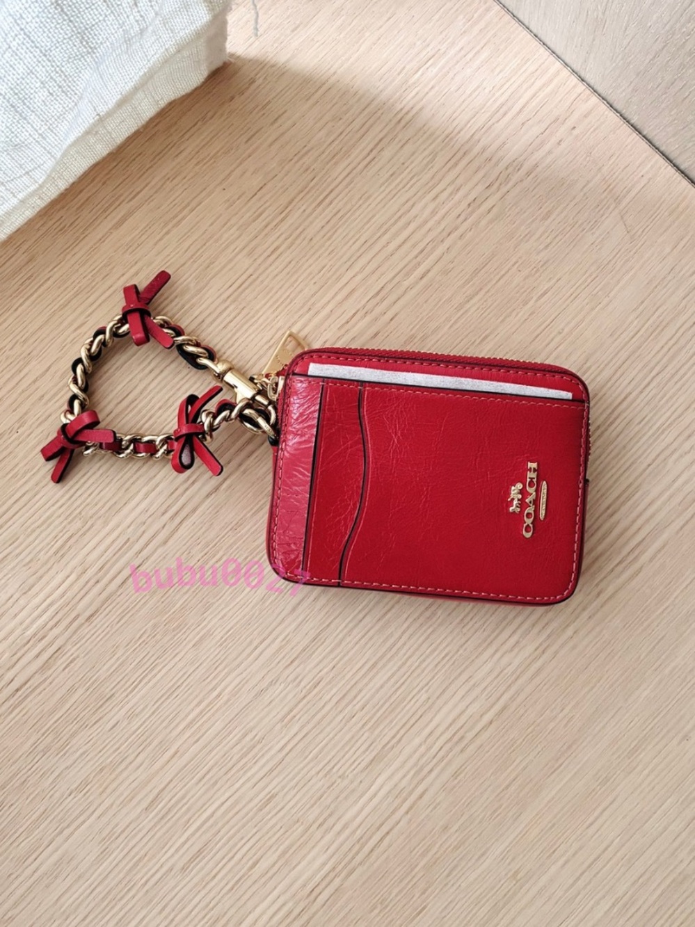 NWT🎀Coach Zip Card Case With Bows Red CEC13 Wallet Glazed Leather Chain Gift